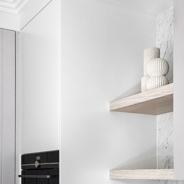 Modern Grey Kitchen with Marble Splashback and Timber Floating Shelves