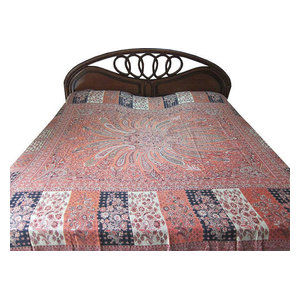 Mogul Interior - Pashmina Blanket Coral Red Jamawar Bedspread Cashmere Indian Bedding - Quilts And Quilt Sets