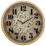 Yosemite Home Decor - Yosemite Home Decor 18.3" Round Modern Metal Gear Clock in Brown - Yosemite Home Decor presents a collection of an Open Gear Wall Clocks. Main feature of all items in this collection are decorative moving gears, powered by two AA batteries. Additional separate AA battery is required for clock mechanism. Sophisticated design combines timeless classics and modern trends. Several contrasted finishes and layers of textures make open Gear Wall Clocks a statement and focal point well suiting to wide array of styles. Layers of open gears beneath the glass face with black numbers add an interesting depth to Gold Round Gear Clock. The light hues of cream and beige in the backdrop work well with the round gold frame, making this piece the perfect addition to any decor.