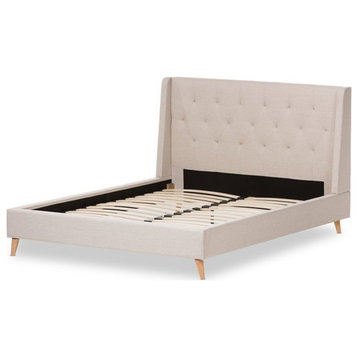 Adelaide Retro Modern Light Beige Fabric Upholstered Queen Size Platform Bed