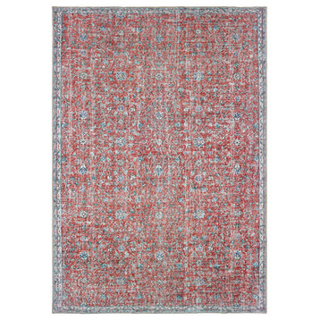 Scarlett Distressed Floral Red/Blue Blanket Stitch Border Area Rug, 1'9"x2'8"