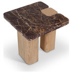 Meridian Furniture - Ravenna Marble and Oak Wood Table, Burgundy, Natural, End Table - A bold fusion of rich materials, the Ravenna burgundy genuine marble top and natural oak wood base end table showcases burgundy red cherry-colored marble with striking veining. Its handcrafted marble surface is beautifully balanced by a natural oak wood base, blending warmth with architectural form. Rooted in Art Deco influence, this statement piece is designed to elevate any space with sculptural elegance.