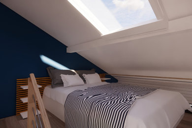 Inspiration pour une grande chambre minimaliste avec un mur bleu et sol en stratifié.