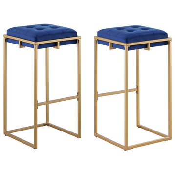 Nadia Square Padded Seat Bar Stool, Set of 2 Blue and Gold