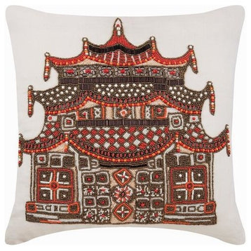 Ivory Decorative Pillow Cover, Beaded 14"x14" Linen, Swadika