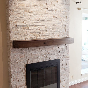 Stacks on Stacks Stacked Stone Fireplace & Custom Mantle