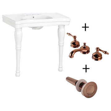 Console Sink White Porcelain with 8" Widespread Rose Gold Brass Faucet & Drain