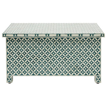Large Trunk Coffee Table, Geometric Patterned Body With Bone Inlay, Teal/Green