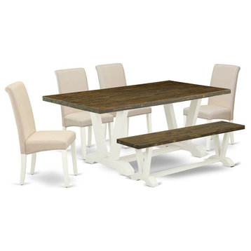 East West Furniture V-Style 6-piece Wood Dining Set with Small Bench in White