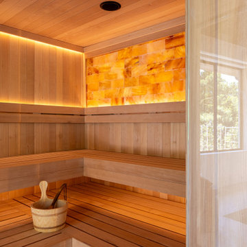Custom Home Gym Hemlock Sauna and Himalayan Salt Wall in Rancho Santa Fe