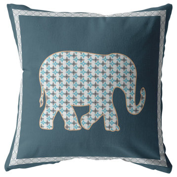Light Elephant Broadcloth Indoor Outdoor Zippered Pillow White on Muted Blue