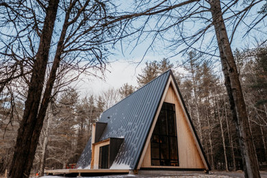 Mid-sized modern brown two-story wood house exterior idea in New York with a metal roof and a black roof