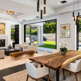 ロサンゼルスのトランジショナルスタイルのLDKの画像 (白い壁、濃色無垢フローリング、標準型暖炉、石材の暖炉まわり、茶色い床)