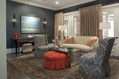 Design ideas for a transitional formal living room in Jacksonville with blue walls and dark hardwood floors.