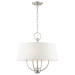 Livex Lighting - Brushed Nickel Transitional, English Country, Rustic, Casual Pendant Chandelier - Updated traditional elegance and casual style defines the Ridgecrest collection. The curvilinear steel frame and accented ball is offset by a hand crafted off-white fabric hardback shade. The essence of this collection amplifies today�s approach to transitional style interior. This brushed nickel finish four-light chandelier will add a casual flare to your bedroom, living room, dining room or kitchen.