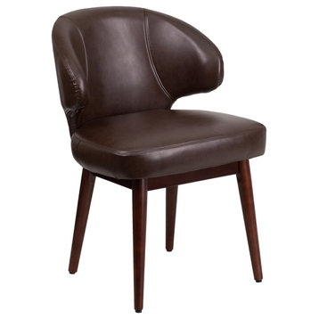 Curved Back Modern Accent Chair, Brown Faux Leather With Walnut Legs