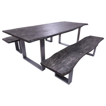 Grey Solid Wood 3 Piece Dining Set With Metal Legs Table And Two Bench