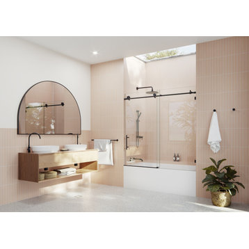 56-60"x60" Frameless Bath Tub Sliding Shower Door, Matte Black