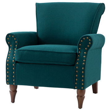 32.5" Wooden Upholstered Accent Chair With Arms, Teal