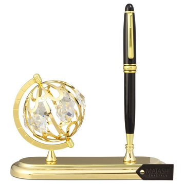 Highly Polished 24K Gold Plated Executive Desk Set With Pen and Globe Ornament