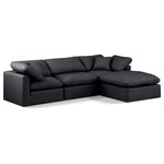 Meridian Furniture - Indulge Upholstered Modular L-Shaped Sectional, Black, 4-Piece: 1 Armless Chair, 2 Corner Chair, 1 Ottoman, Fiber Stuffed Vegan Leather - Experience ultimate comfort and style with our black vegan leather Indulge Sectional. The luxurious vegan leather will elevate the aesthetic of any room. This sofa provides ample space for you to relax while its modular build offers the option of unlimited configurations. Whether you're looking to add a stylish element to your living room or a comfortable seating option to your bedroom, this sofa is the perfect choice.
