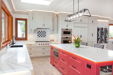 Inspiration for a large transitional u-shaped porcelain tile and beige floor open concept kitchen remodel in Vancouver with shaker cabinets, quartz countertops, an island, an undermount sink, white cabinets, white backsplash, subway tile backsplash, paneled appliances and white countertops