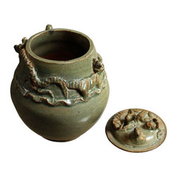 Chinese Handmade Ceramic Gray Green Animal Motif Jar - Decorative Jars And Urns
