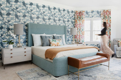Bedroom - transitional carpeted, beige floor and wallpaper bedroom idea in Charlotte with multicolored walls