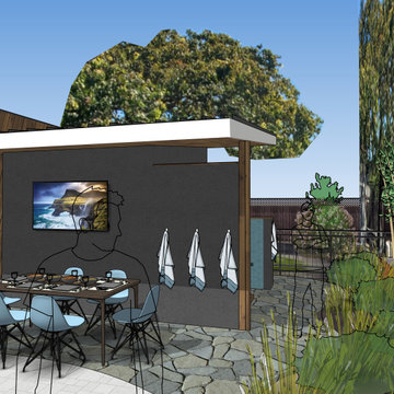 Covered Patio with Outdoor Kitchen and Detached Pool House