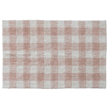Cotton Tufted Rug With Plaid Pattern, Blush, Cream