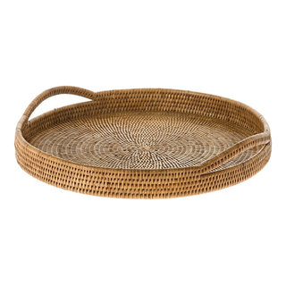 La Jolla Rattan Round Serving Tray, Honey Brown - Tropical - Serving ...