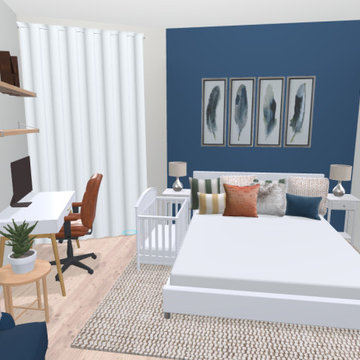 Umplanung und Farbberatung für ein Schlafzimmer mit einem Homeoffice-Platz