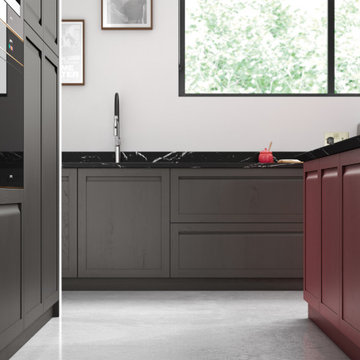 Graphite Gray with Chicory red kitchen cabinets