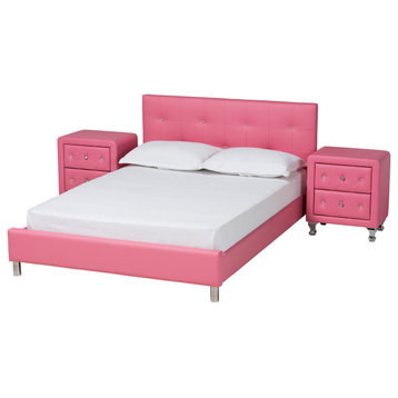 Barbara Glam Pink Faux Leather Upholstered Queen Size 3-Piece Bedroom Set