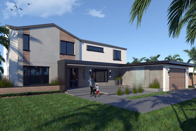 Inspiration for a mid-sized transitional white two-story mixed siding exterior home remodel in San Diego with a shingle roof