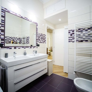 Example of a mid-sized trendy purple floor bathroom design in Other