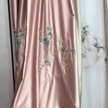 QYHL226D Silver Beach Embroidered Lotus Flower Faux Silk Curtains