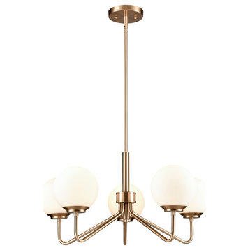 5 Light Chandelier, Satin Gold With Opal Etched Glass