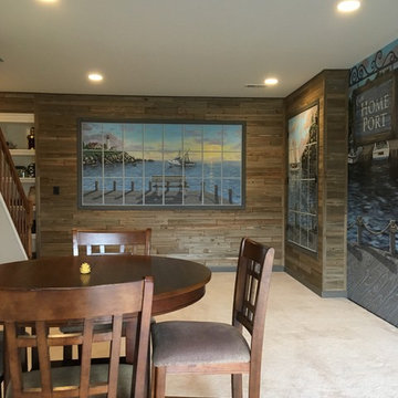 New England Harbor Town Mural, hand painted throughout a lower level