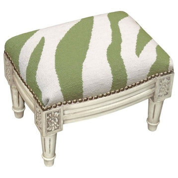 Zebra Wool Needlepoint Wooden Footstool, Green With Antique White Wash