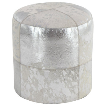 Modern Ottoman/Stool, Animal Patchwork Leather Upholstery, Silver/Round