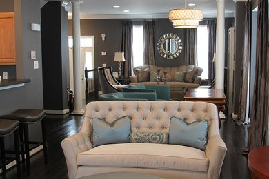 Inspiration for a large transitional formal and open concept dark wood floor and gray floor living room remodel in DC Metro with gray walls, no fireplace and no tv