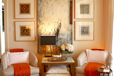 Inspiration for a transitional bedroom in Orange County with carpet and beige walls.