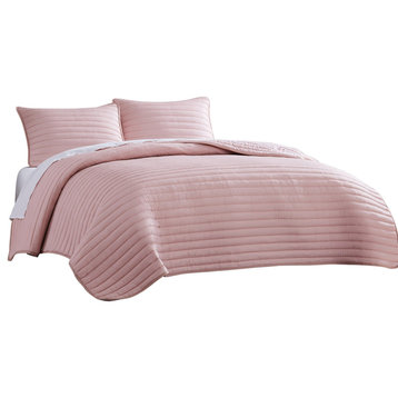 Benzara BM283914 3 Piece Queen Comforter Set, Puffer Channel Quilt, Rose Pink