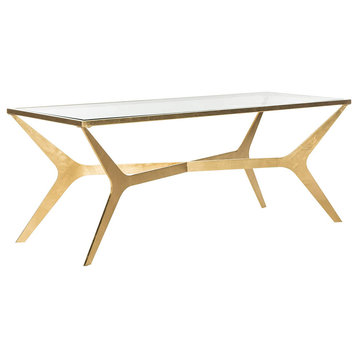 Contemporary Coffee Table, Unique Crossed Golden Base With Rectangular Glass Top