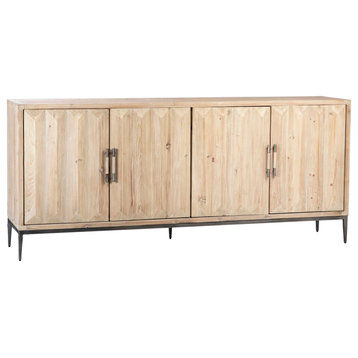Moura 84" Carved Door Reclaimed Pine Sideboard, Light Blond With Iron Legs