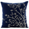 Blue Art Silk Sequins & Beaded Bird Pillows Cover, Birdy Flight, 6. Navy Blue (Silver Magnolia), 24"x24"