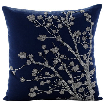 Blue Art Silk Sequins & Beaded Bird Pillows Cover, Birdy Flight, 6. Navy Blue (Silver Magnolia), 16"x16"