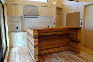 Ejemplo de cocina de estilo americano abierta con fregadero integrado, puertas de armario de madera en tonos medios, encimera de acero inoxidable, salpicadero blanco, una isla y encimeras marrones