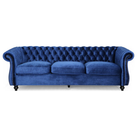 GDF Studio Vita Chesterfield Tufted Jewel Toned Velvet Sofa With Scroll Arms, Navy Blue